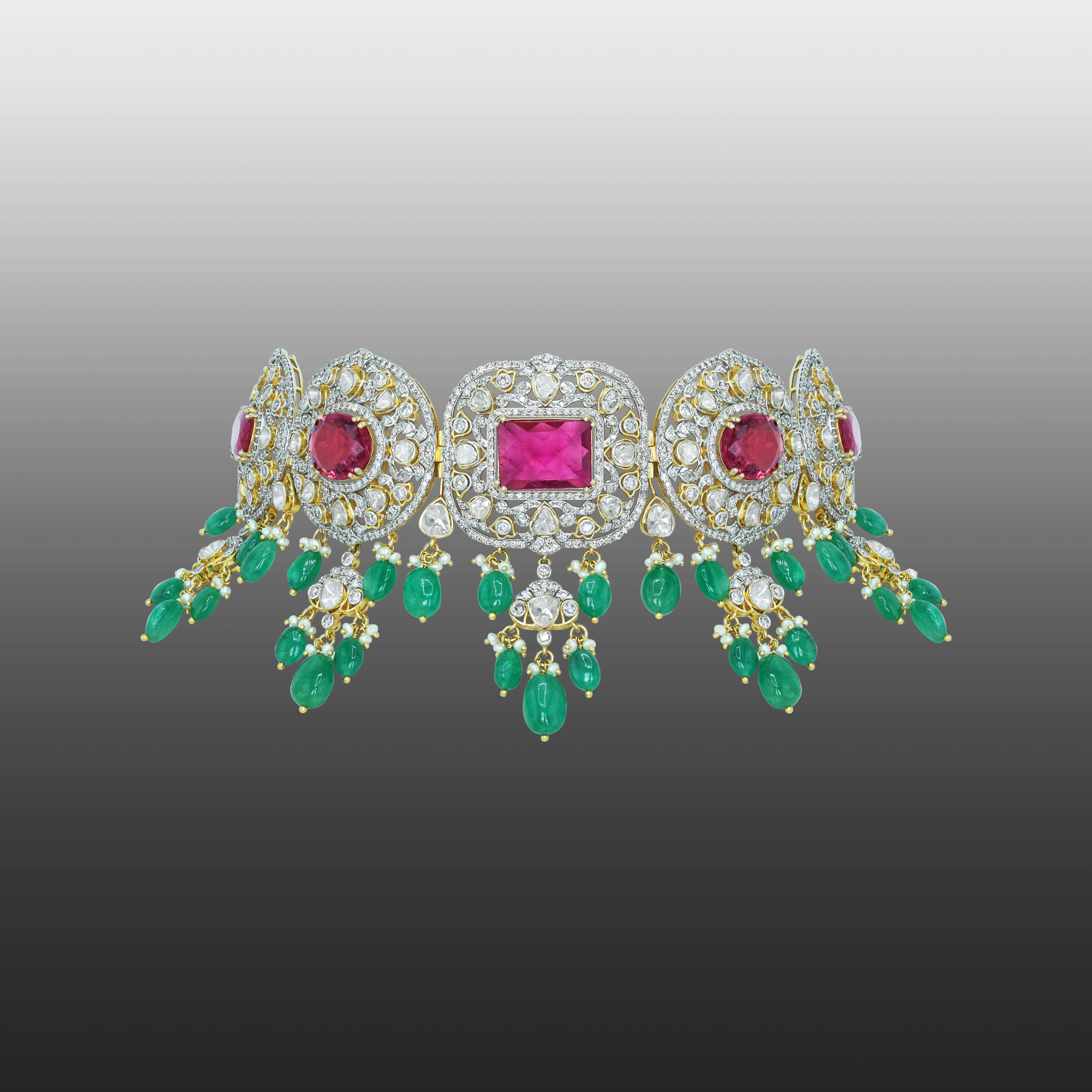 Tourmaline Choker with Polki Diamonds, Emerald Drops, and Pearls